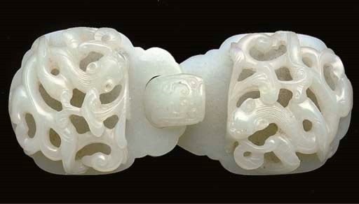 A Chinese pale celadon two-part jade belt buckle, 19th century