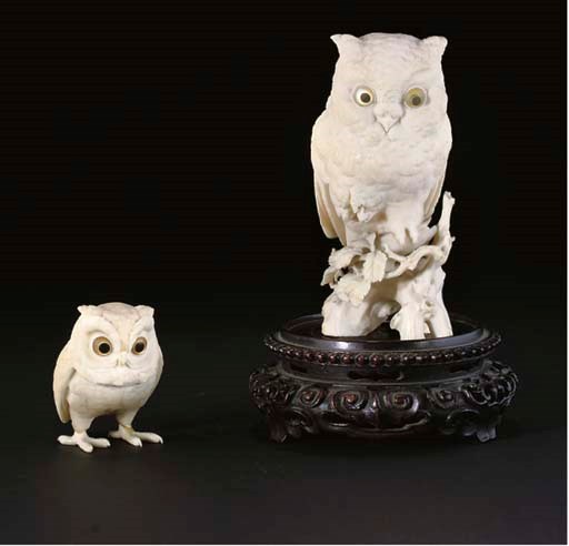 A Japanese ivory okimono of an owl, incised signature, 19th Century