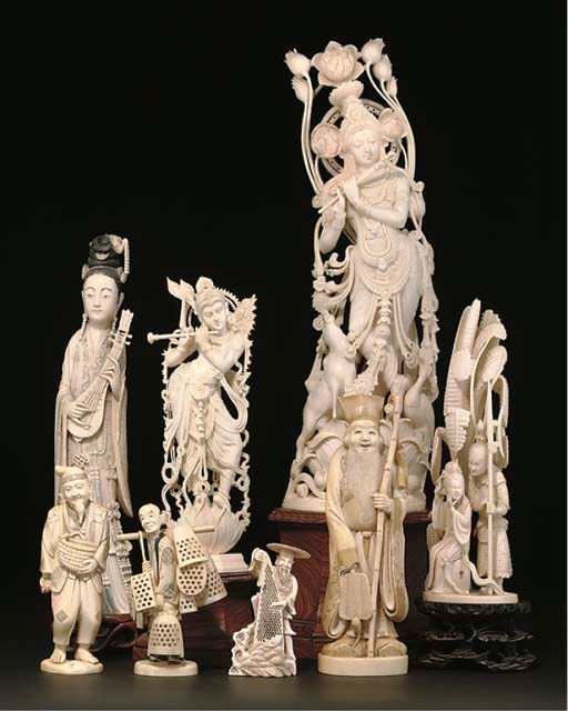 A Group of Indian, Chinese and Japanese ivory figures, 20th Century