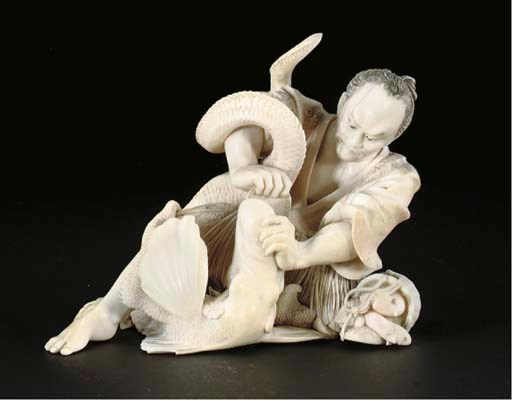 A Japanese ivory okimono of a fisherman wrestling a large beast, incised signature, 19th Century