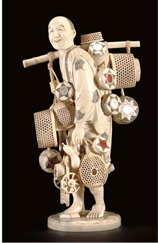 A Japanese ivory okimono of a pedlar, red lacquer signature tablet, early 20th Century