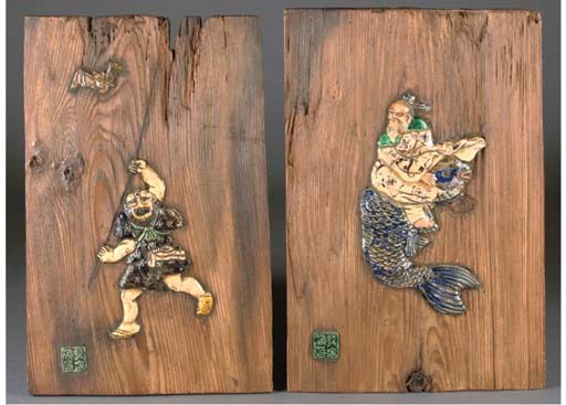 Two Japanese glazed pottery mounted rectangular wooden panels, green glazed pottery seal mark, 19th Century