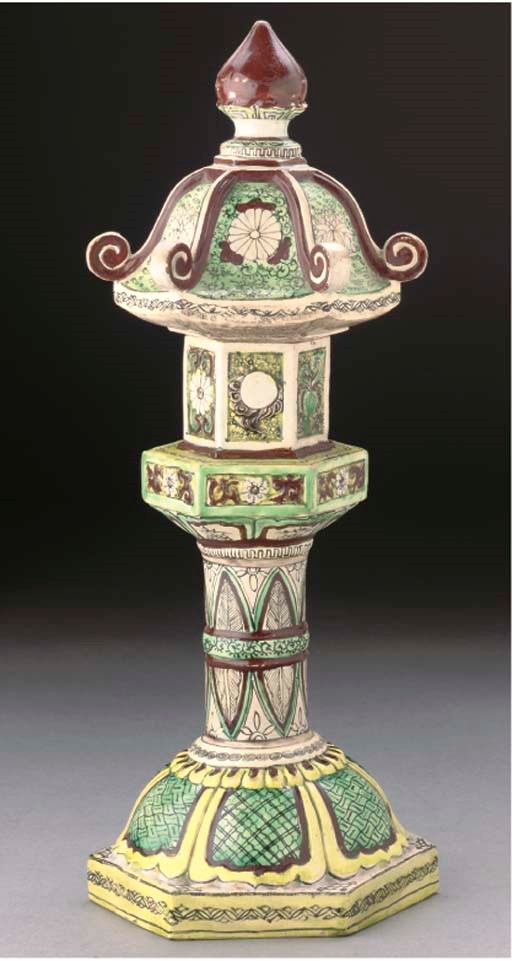 A Japanese Kiyomizu twin-section pottery model of a lantern, circa 1800
