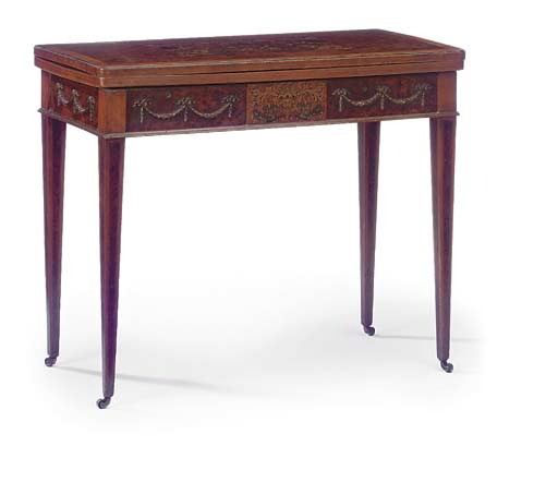 A LATE VICTORIAN GILT METAL MOUNTED BURR YEWWOOD SATINWOOD AND LATER DECORATED CARD TABLE
