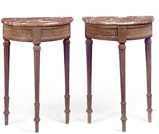 A PAIR OF FRENCH OAK DEMI-LUNE CONSOLE TABLES