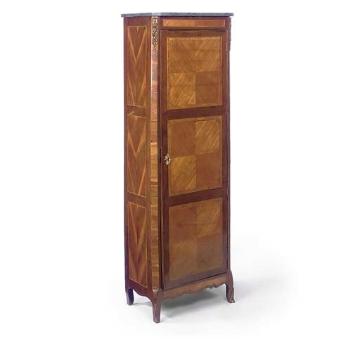 A FRENCH GILT-METAL MOUNTED TULIPWOOD AND FRUITWOOD TALL CUPBOARD