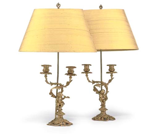 A PAIR OF FRENCH GILT-BRONZE TWIN LIGHT CANDELABRA