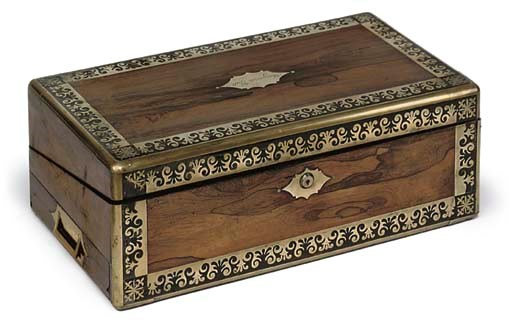 A LATE REGENCY ROSEWOOD AND BRASS BOUND WRITING SLOPE