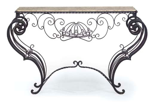 A FRENCH WROUGHT IRON AND GRANITE CONSOLE