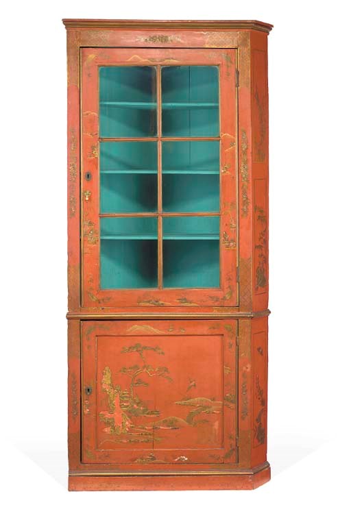 A LATE VICTORIAN RED AND GILT-JAPANNED CORNER CUPBOARD