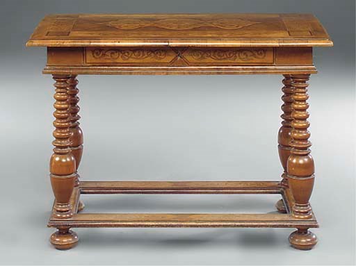 AN AUSTRIAN WALNUT, FRUITWOOD AND MARQUETRY CENTRE TABLE