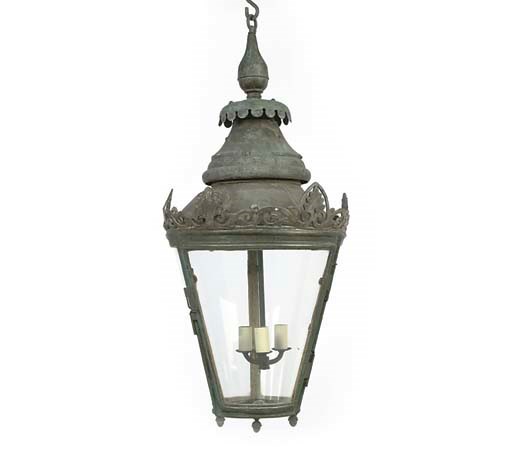 A COPPER AND LEAD EXTERIOR LANTERN