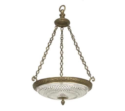 A GILT-BRONZE MOUNTED CUT-GLASS HANGING DISH LIGHT