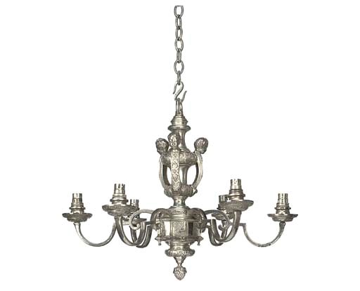 A SILVERED-BRASS SIX BRANCH CHANDELIER