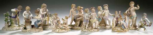 Ten various Meissen porcelain putto groups