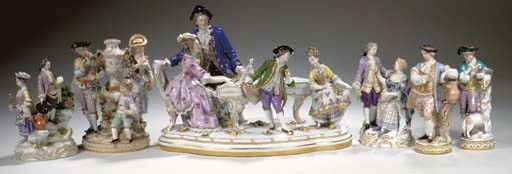 Four various Meissen porcelain groups, a Potschappel porcelain group and a German porcelain group
