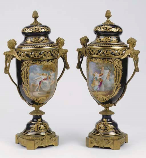 A pair of large Sèvres-style porcelain gilt metal-mounted two-handled gallant potpourri presentation vases