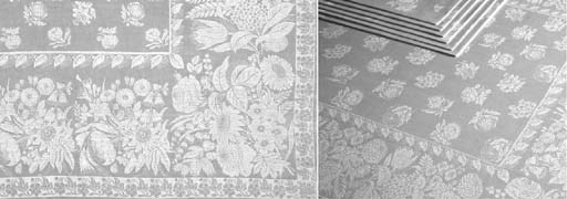A large damask linen tablecloth and twelve napkins