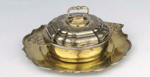 A German silver-gilt ecuelle with cover on matched stand