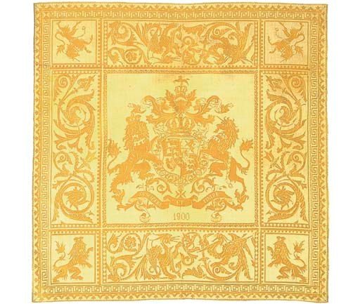 A commemorative square damask half-linen tablecloth woven with coat-of-arms of Hannover