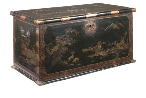 A CHINESE-EXPORT BRASS-MOUNTED BLACK, RED AND GILT-LACQUER COFFER
