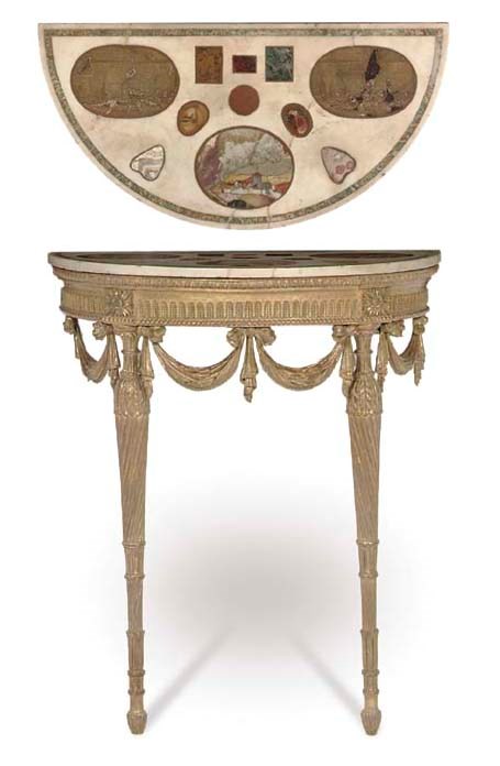 A GEORGE III GILTWOOD DEMI-LUNE CONSOLE TABLE