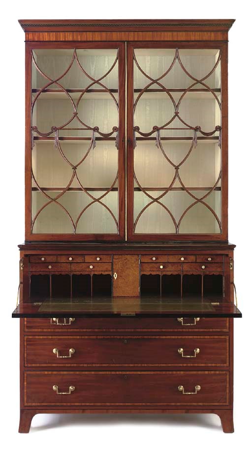 A GEORGE III BRASS-INLAID MAHOGANY AND EBONISED SECRETAIRE-BOOKCASE