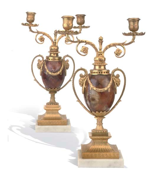 A PAIR OF GEORGE III BLUE-JOHN AND ORMOLU TWIN-LIGHT CANDELABRA