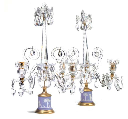 A PAIR OF CUT-GLASS AND JASPER-DIP PORCELAIN CANDELABRA