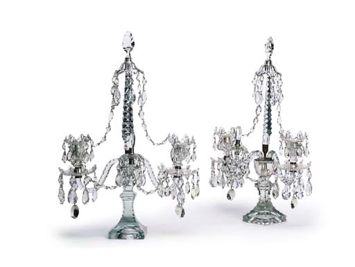 A PAIR OF CUT-GLASS TWIN-LIGHT CANDELABRA