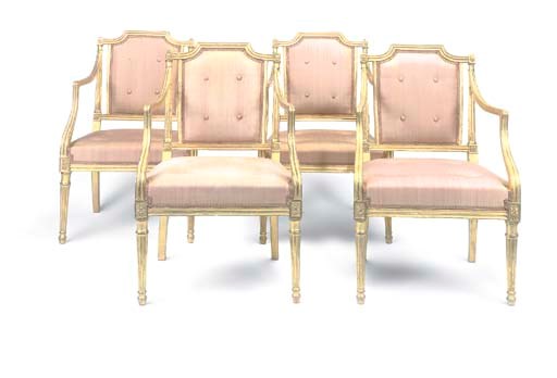 A SET OF FOUR GEORGE III GILTWOOD OPEN ARMCHAIRS