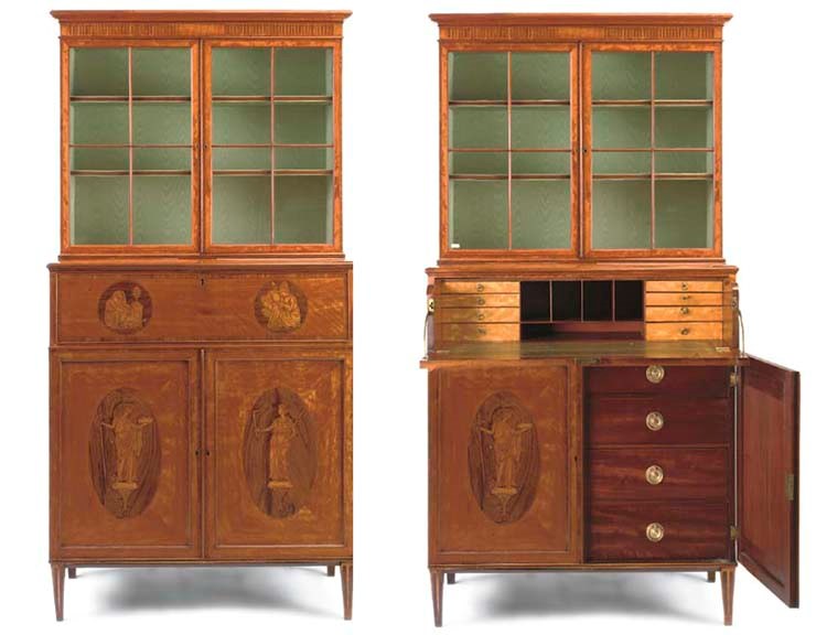 A LATE GEORGE III SATINWOOD AND ROSEWOOD SECRETAIRE-BOOKCASE