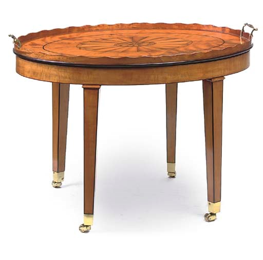 A LATE GEORGE III SATINWOOD AND MARQUETRY OVAL TRAY ON LATER STAND