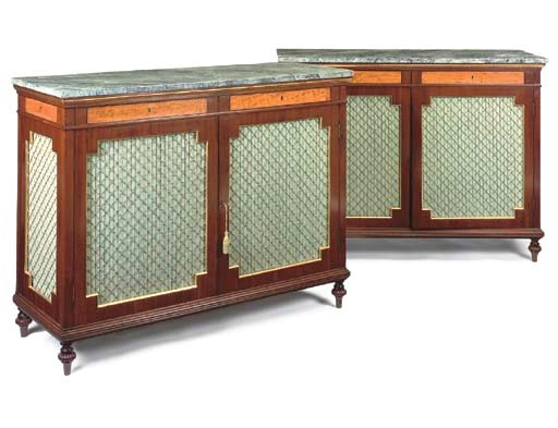 A PAIR OF LATE GEORGE III MAHOGANY AND SATINWOOD SIDE CABINETS
