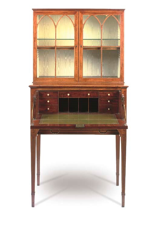 A GEORGE III MAHOGANY AND SATINWOOD-INLAID SECRETAIRE-BOOKCASE
