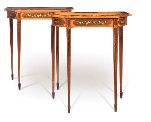 A PAIR OF GEORGE III SATINWOOD, AMARANTH AND POLYCHROME-DECORATED PIER TABLES