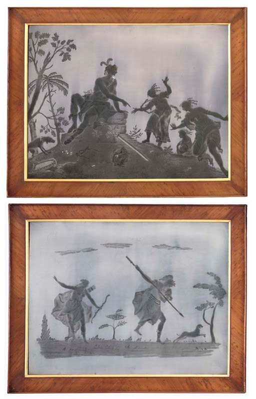 A PAIR OF GERMAN REVERSE CUT-GLASS MIRROR PICTURES