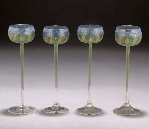 FOUR ENAMELLED AND GILT HOCK GLASSES
