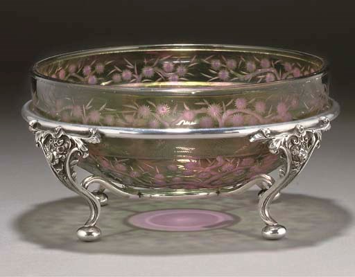 A JAPONESQUE ENGRAVED GLASS BOWL WITH PLATED STAND
