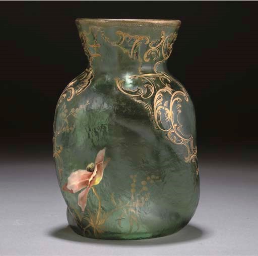 A FRENCH ACID ETCHED ENAMEL AND GILT GLASS VASE