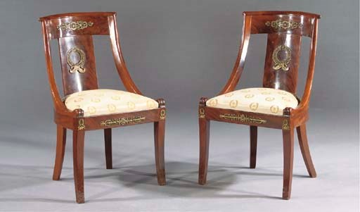 A SET OF SIX RESTAURATION MAHOGANY AND GILT-BRONZE MOUNTED CHAIRS