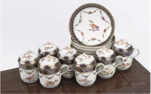 A set of seven Meissen Punktzeit-Marcolini ornithological covered cups and saucers