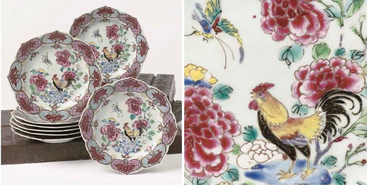 A set of eight Chinese famille rose 'cockerel' plates