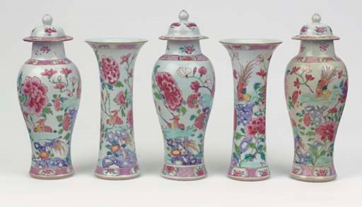 A Chinese famille rose five-piece garniture