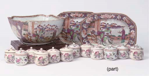 (54)  A pair of Chinese famille rose dishes, bowl and chocolate cups and covers