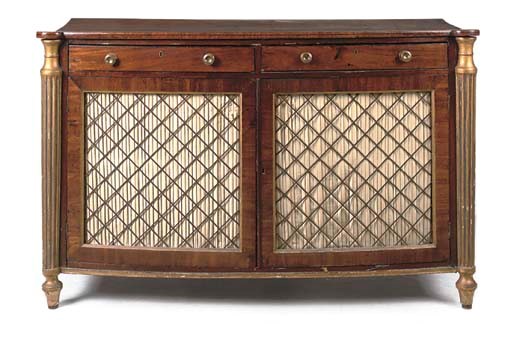 A REGENCY MAHOGANY, LINE INLAID AND PARCEL-GILT BOWFRONT SIDE CABINET