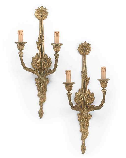 A PAIR OF GILT-BRASS TWIN LIGHT WALL APPLIQUES