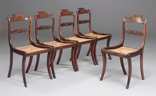 A SET OF FIVE REGENCY ROSEWOOD DINING CHAIRS