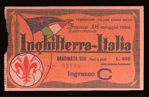 AN ITALY V. ENGLAND INTERNATIONAL TICKET STUB