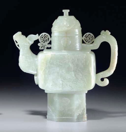 A PALE GREENISH-WHITE JADE EWER AND COVER